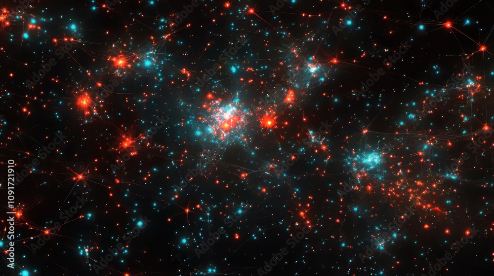 Obraz premium Abstract Network of Teal and Orange Lights Against a Black Background