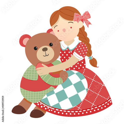 Girl embracing teddy bear in red dress 