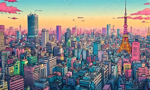 Stunning Cityscape in Anime Manga Art Style with Fantasy Vibes