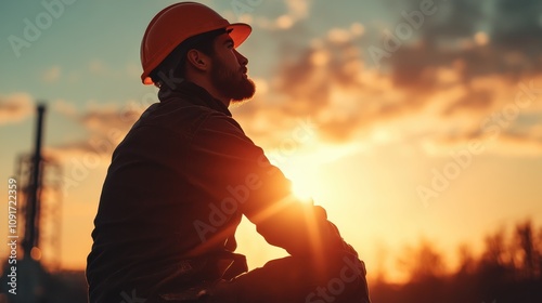 Side profile of a bearded worker in a hard hat, contemplating while seated at an industrial site during sunset, highlighting themes of reflection and craftsmanship. photo