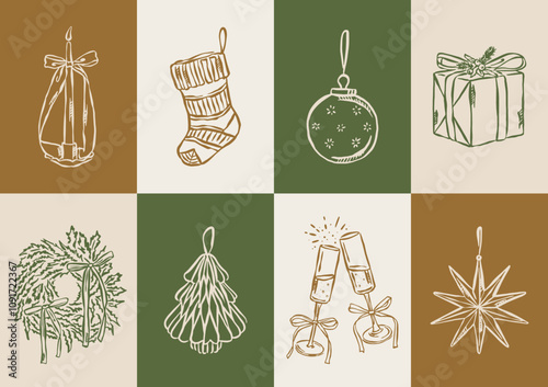 Christmas vector doodles collection. Art for greeting cards, wedding invitations, poster design, postcards, branding, logo design, background.