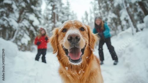 Golden Retriever with family in snowy forest capturing winter adventure and joy