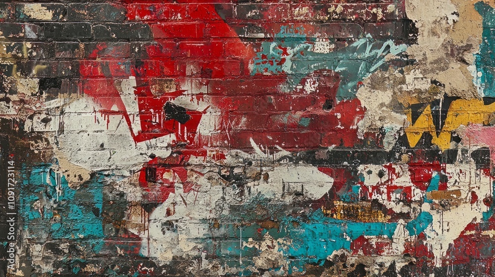 Fototapeta premium A vibrant and chaotic graffiti mural on a textured brick wall, showcasing overlapping layers of bold colors, shapes, and abstract symbols. Urban street art.