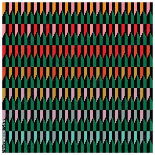 Abstract Geometric Seamless print Pattern, An eye-catching pattern of green, red, and black stripes, blending colors for a modern and stylish look.