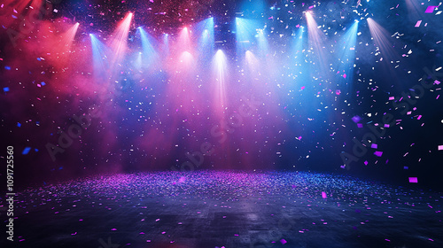 Neon spotlight stage background. Disco party projector light concert or show scene. Magic beam glow for nightclub or award winner with confetti glitter. Congratulation performance for celebrity