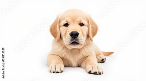 Cute golden retriever puppy lying down with a playful expression on a white background