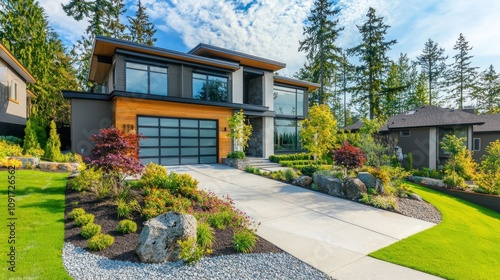 Modern custom suburban home exterior with landscaped front yard a?" ar 5:2