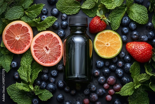 On a dark background, sliced ​​citrus fruits, including oranges and grapefruit, are arranged in rings, with bright green leaves scattered between them. In the center stands a black empty cosmetic bott photo