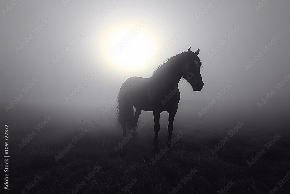 A beautiful horse, partially covered in soft, fluffy fog. Its graceful forms gently peek through the fog, creating an incredible picture. The fog delicately swirls around its body A beautiful horse, partially covered in soft, fluffy fog. Its graceful forms gently peek through the fog, creating an incredible picture. The fog delicately swirls around its body