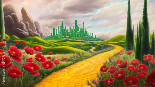 Yellow brick road leading through poppy field to green emerald city in the distance. Wizard of Oz concept.