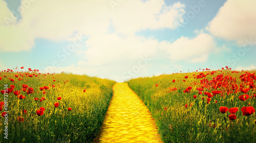 Yellow brick road winding through a field of poppies. Wizard of Oz concept.