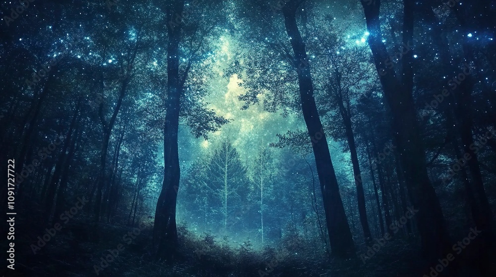 Obraz premium The rustle of the forest and the dance of the stars in a quiet night.