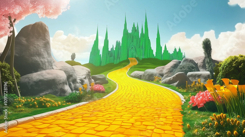 Yellow brick road leading to green emerald city in the distance. Wizard of Oz concept.