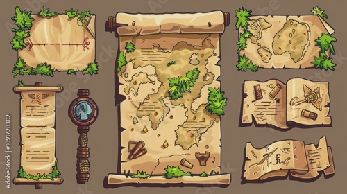 Collection of ancient maps, scrolls, and adventure tools with leaf decorations. Illustrated treasure hunt and exploration concept for design and RPG elements. Generative AI