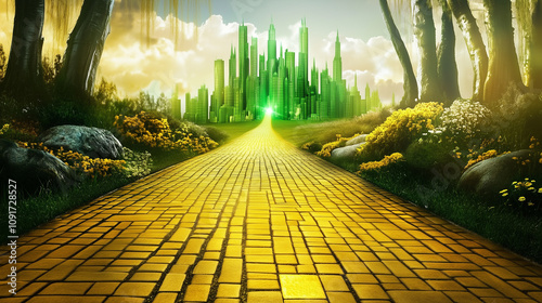 Yellow brick road leading to green emerald city in the distance. Wizard of Oz concept.
