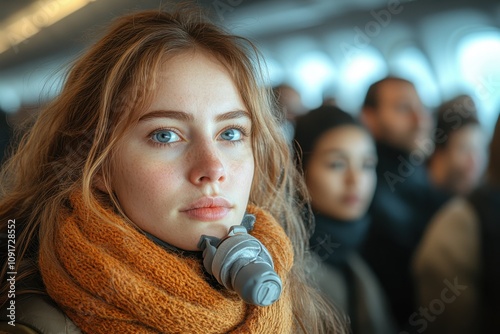 In-flight emergency Passengers of varied backgrounds in a smoke-filled cabin securing oxygen masks for safety measures