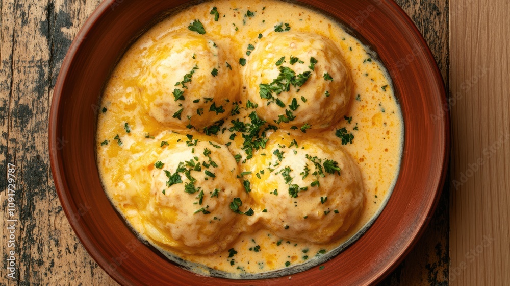 Fototapeta premium Creamy Dumplings in Savory Sauce with Herbs