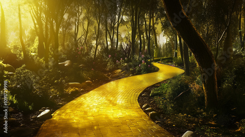 Yellow brick road winding through a magical enchanted forest. Wizard of Oz concept.