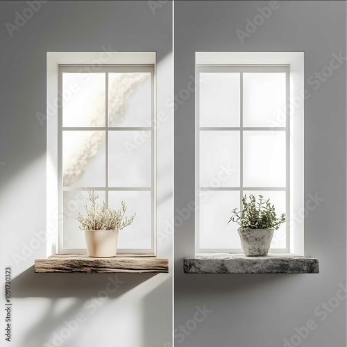 symmetrical before and after photo of an old wooden window shelf on one side and a beautiful minimalist scandi stone window shelf on the other realistic photograph set p photo