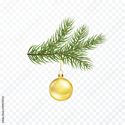 Christmas tree ball and green fir branch isolated on transparent background. Vector pine evergreen plant element with gold xmas ornament