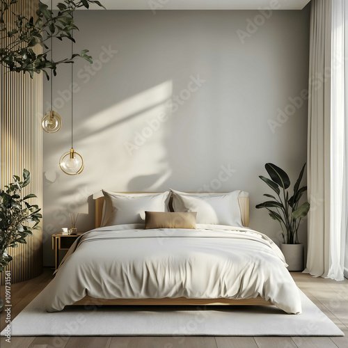 contemporary and minimalistic queen bed in room golden deco plants