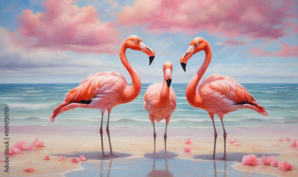 Obraz premium Elegant flamingos on the beach with ocean waves.