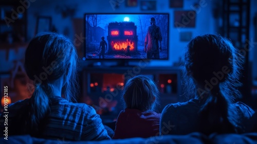 In a cozy living room, three family members sit together, captivated by a scary movie flickering on the screen, surrounded by dark blue light photo