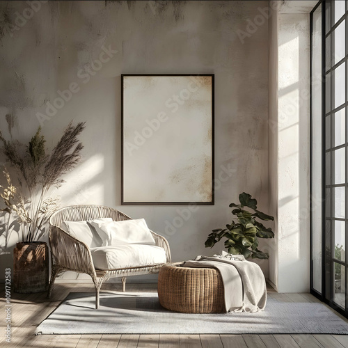 Transform the provided sketch into a photorealistic and lifelike interior scene The central focus should be a framed poster on the wall exactly replicating the design f photo