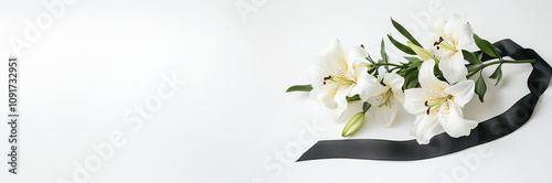 White lilies with black ribbon on white background. Template banner, funeral mourner symbol, for obituary, farewell services, condolences and funeral invitation with space for text photo