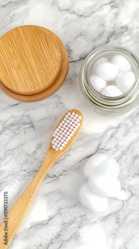 Bamboo toothbrush and cotton balls on a marble surface create a minimalist aesthetic, AI