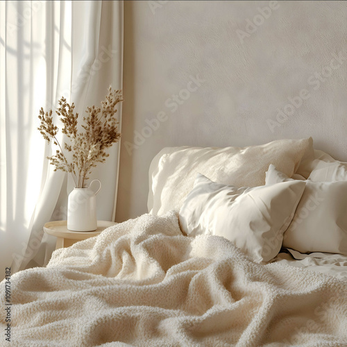 Bed corner with a blanket and a soft pillow looking comfy and fluffy Beige creamy tones Photo realistic style photo