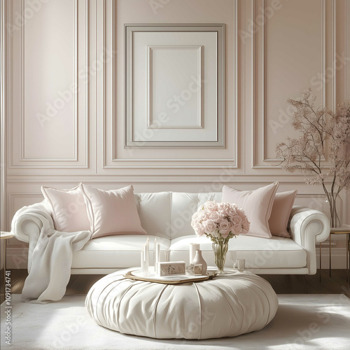 Weddingthemed living room decor elegant modern style white and soft blush color palette chic furniture with delicate floral accents tasteful decorative items like candl photo