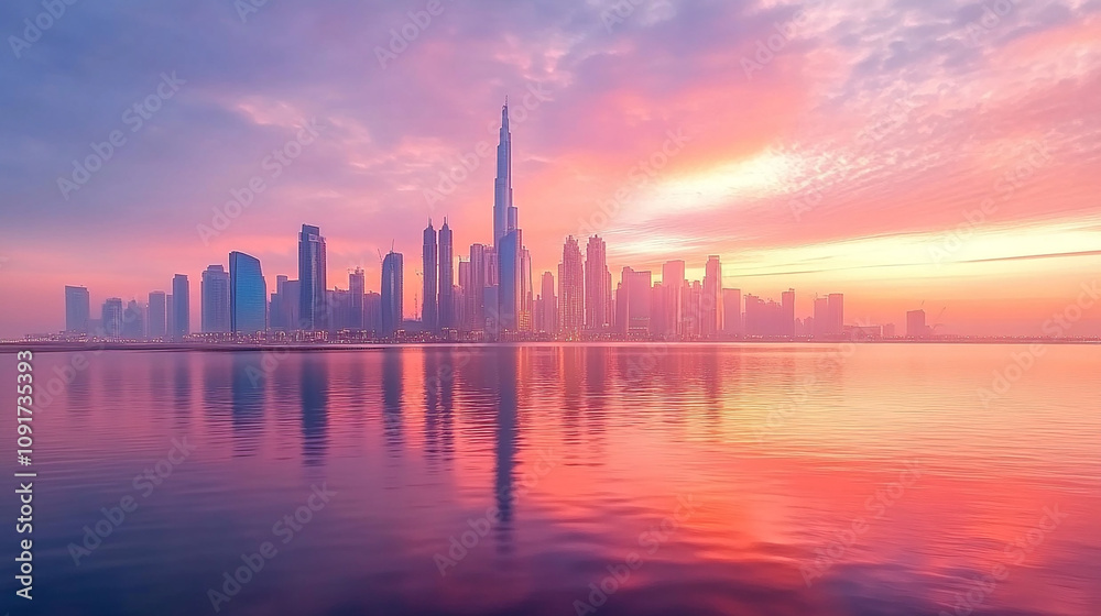 Fototapeta premium Downtown Dubai with skyscrapers submerged in think fog. Picture taken from unique view. Tall buildings. Early morning glow from aerial top view