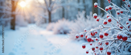 Frosty rose hips on snowy winter landscape at sunrise photo