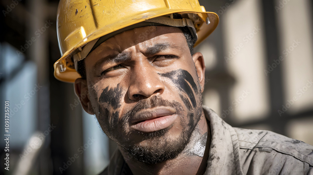 Close-Up of a Determined Construction Worker Wearing a Yellow Hard Hat with Black Smudges on His Face, Highlighting Grit and Dedication Close-Up of a Determined Construction Worker Wearing a Yellow Hard Hat with Black Smudges on His Face, Highlighting Grit and Dedication