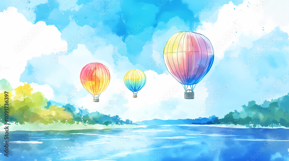 Obraz premium Watercolor colorful hot air balloons floating in the sky above the river illustration. Floating Hot Airships. Illustration
