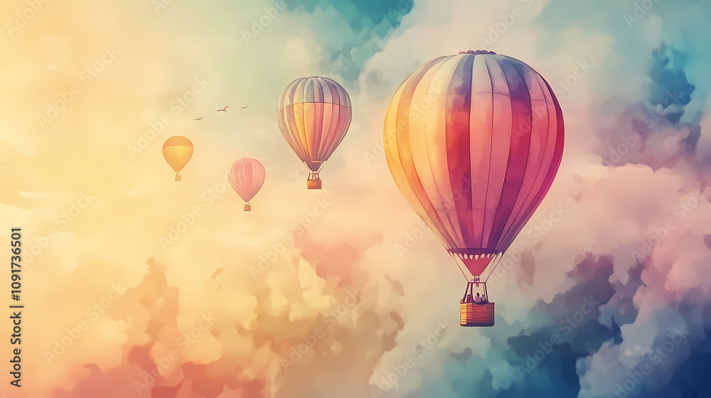Fototapeta premium Watercolor colorful hot air balloons. Floating Hot Airships. Illustration