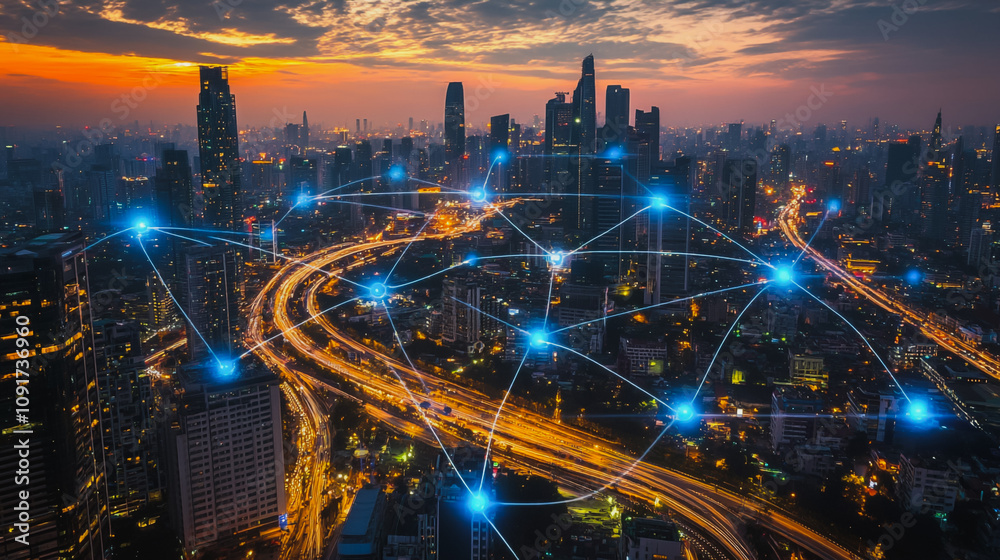 Obraz premium Smart digital Innovation Business skyscrapers in the Financial District with connection network reciprocity over the cityscape. of future smart wireless digital city and social media networking