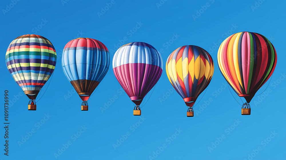 Obraz premium Five colorful hot air balloons are floating in the sky. Floating Hot Airships. Illustration