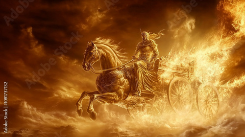 Elijah chariot of fire Representing divine transport and prophetic power. Majestic white fire horses pulling a carriage through scenic countryside photo photo