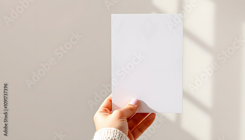 Hand holding blank white 5x7 invitation card for wedding invitation, greeting card, birthday invite, baby shower invite isolated with white highlights, png