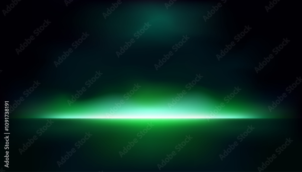 Green neon light studio backdrop on black background smoke reflecting backlight on wall and floor, dark room excitement and heat, excitement of competition, future and modern technology.