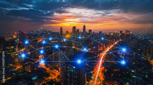 Wallpaper Mural Smart digital Innovation Business skyscrapers in the Financial District with connection network reciprocity over the cityscape. of future smart wireless digital city and social media networking

 Torontodigital.ca