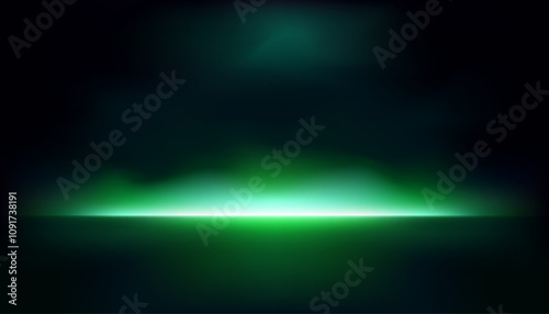 Green neon light studio backdrop on black background smoke reflecting backlight on wall and floor, dark room excitement and heat, excitement of competition, future and modern technology.