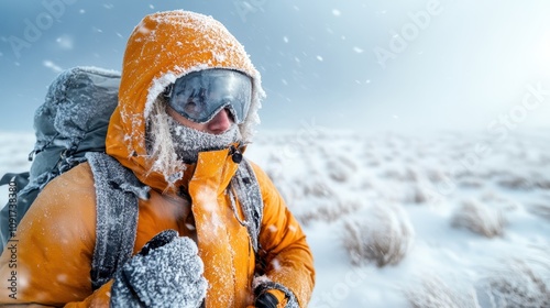 A determined adventurer braves the harsh snowy terrain clad in a vivid orange jacket, showcasing resilience and wonder amidst the white wilderness. photo