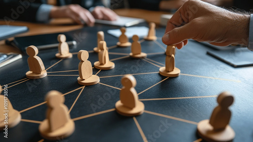 Network of interconnected people. Interactions between employees and working groups. Social business connections. Networking communication. Decentralized hierarchical system of company. Organization photo