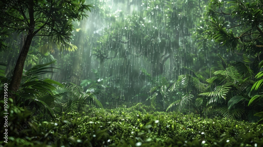 Fototapeta premium Lush Forest in Heavy Rainstorm with Water Droplets on Leaves and Rising Mist