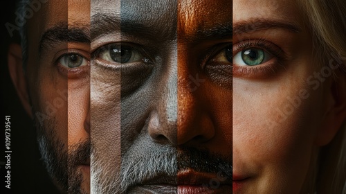 Human face made from different portrait of men and women of diverse age and race. Combination of faces. Humanity. Concept of social equality, human rights, freedom, diversity, acceptance