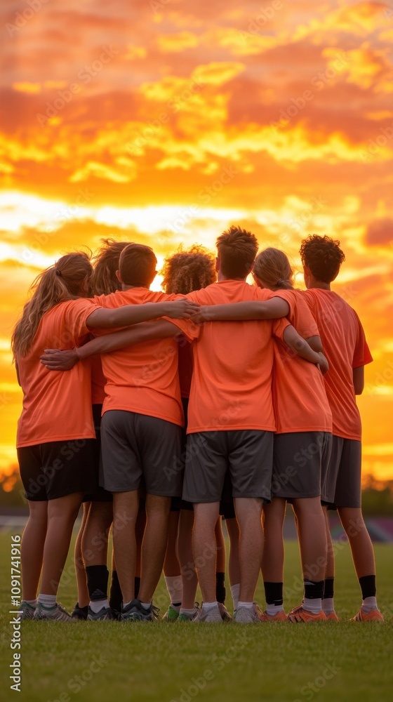 A diverse group of young athletes huddles together at sunset, fostering team spirit, AI A diverse group of young athletes huddles together at sunset, fostering team spirit, AI