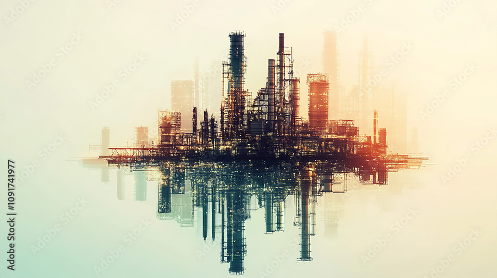 Obraz premium Future factory plant and energy industry concept in creative graphic design. Oil, gas and petrochemical refinery factory with double exposure arts showing next generation of power and energy business